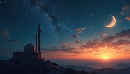 Naklejka premium Islamic mosque silhouette against twilight sky with crescent moon, stars. Warm sunset colors blend with deep blues, Milky Way. Hills, traditional architecture create serene, spiritual atmosphere.