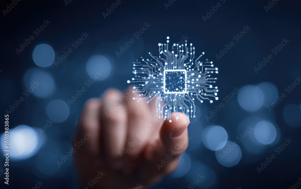 Poster human hand touching a glowing digital brain chip icon for artificial intelligence and future technol
