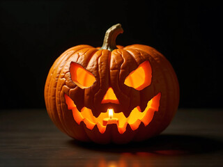 Close-up of a handcrafted jack-o'-lantern carved from a bright orange pumpkin with intricate patterns, illuminated from within by a warm candle glow, perfect for Halloween and autumn seasonal themes