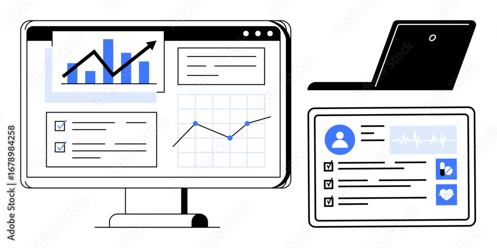 Aufkleber computer screen displaying charts, graphs, and analysis laptop and health dashboard. ideal for analy