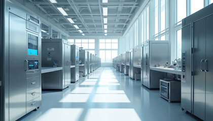 Naklejka premium Modern bioprocessing lab featuring rows of stainless steel equipment for advanced biotechnology research. Clean room environment with bright lighting supports fermentation, purification,