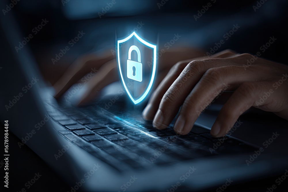 Poster hands typing on laptop with security shield and lock icon.
