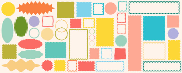 Fototapeta premium Vector image of geometric shapes with wavy edges in a zigzag shape with jagged edges. Set of stickers in the form of an oval and a circle, rectangle, square. Abstract elements for your design, frames,