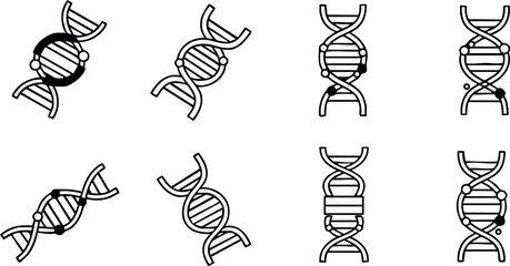DNA helix icons set with simple black outlines in various styles and orientations for scientific and medical design vector