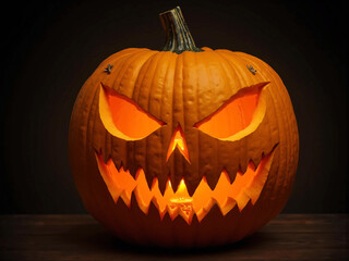 Close-up of a handcrafted jack-o'-lantern carved from a bright orange pumpkin with intricate patterns, illuminated from within by a warm candle glow, perfect for Halloween and autumn seasonal themes