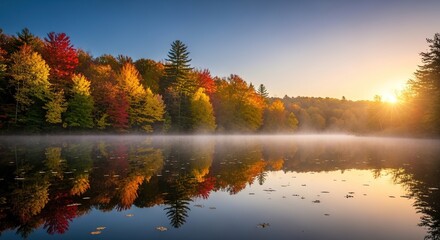 Autumn Sunrise Reflections on a Misty Lake