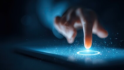Human finger touching a glowing futuristic digital interface.
