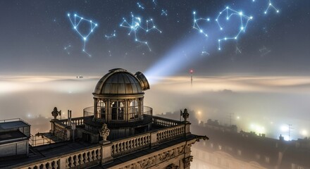 Obraz premium Observatory with constellations projected into the foggy night sky