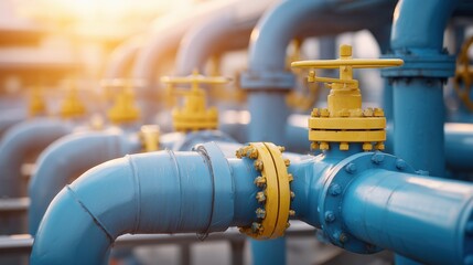 Industrial pipeline system with blue pipes and yellow valves under sunlight. The scene showcases energy infrastructure and engineering.