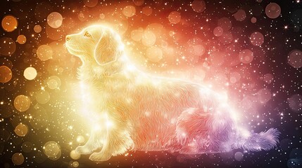Pet abstract radiant magical dog whimsical illustration of a glowing dog surrounded by a colorful aura, capturing the essence of joy and warmth. Perfect for pet lovers and art enthusiasts.