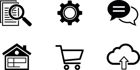 Business and communication icons set with magnifying glass file search gear chat house cart cloud upload symbols vector