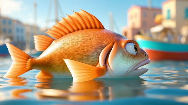 Cute cartoon orange fish with big eyes swimming in clear water near colorful boats at sunny coastal harbor
