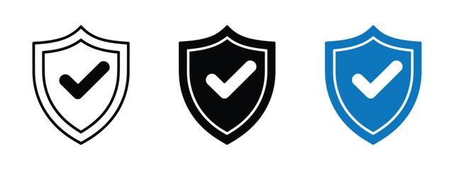 Three shield icons with checkmarks representing security safety and approval isolated on transparent background
