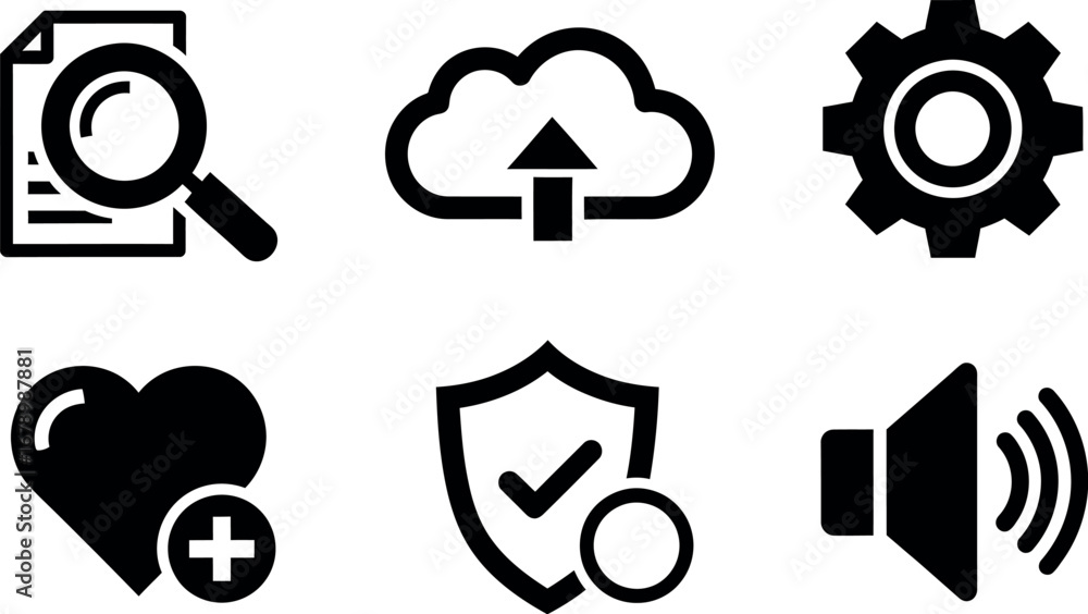 Poster data security cloud upload settings heart health volume control icons vector illustration