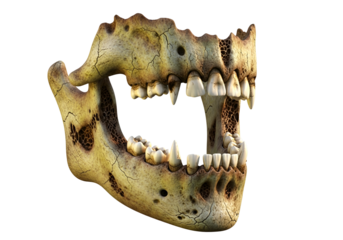 A detailed close-up view of a weathered jawbone, exhibiting intricate textures and cracked surface, showcasing sharp, prominent teeth in an open-mouthed expression against a stark black backdrop.