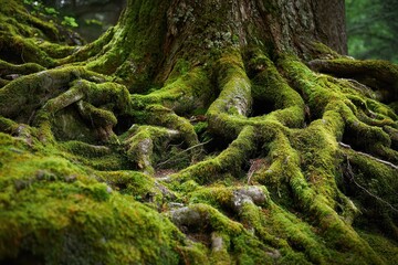 Trees Intertwining. Old Forest Roots with Green Moss Textures and Background
