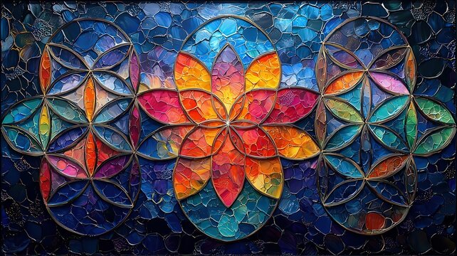 Vibrant stained glass artwrk featuring a central floer design, radiating colorul patterns against a darkbackground, perfect for hoe decor or artistic inspirtion.