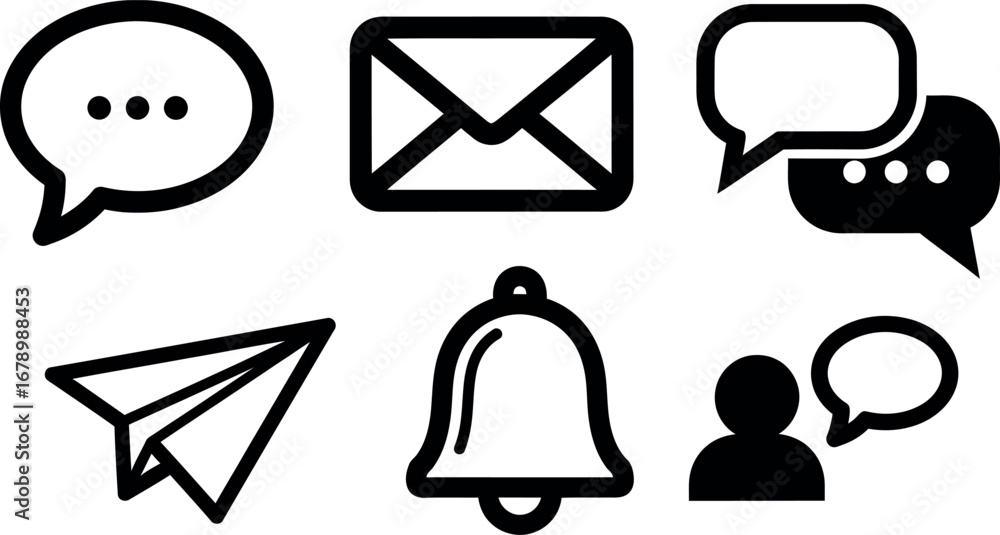 Poster communication icons set with speech bubbles envelope bell paper plane and user message vector illust