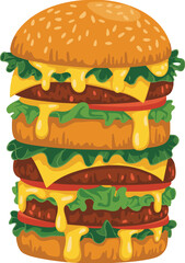 Giant cheeseburger cartoon, stacked beef patties, melted cheese layers, gooey burger, food illustration, indulgent snack, tomato slice, lettuce, sesame bun, fast food art