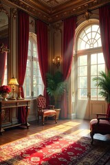 Opulent residential palace interior; sunlight streams through arched windows illuminating lavish decor, gilded accents and rich fabrics , antique, gold, estate