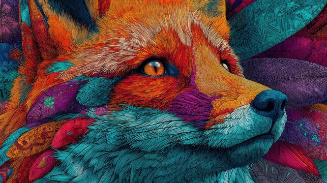 Tribal Fox. Celestial Guardian and Spirit of the Visionary Imaginary Creature in Psychedelic Tribal Style