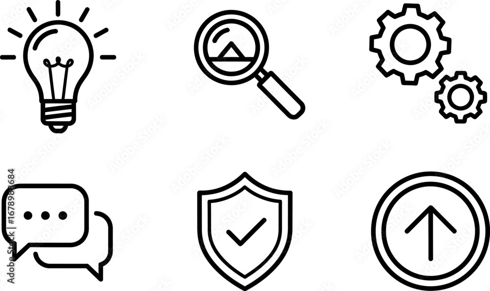 Poster icon set including lightbulb idea magnifier search shield protection gears and arrow up vector illus