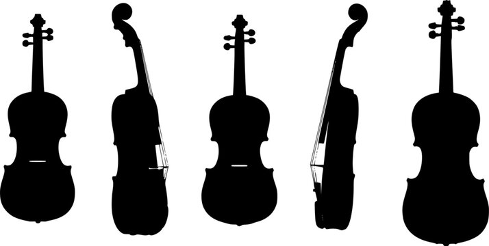 Set of three black silhouettes of violins isolated on a white background. Vector illustration.
