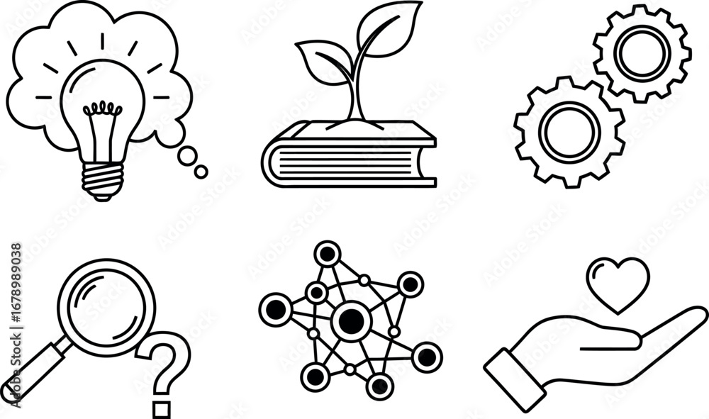 Aufkleber conceptual icons representing innovation learning growth teamwork and care in outline style vector i