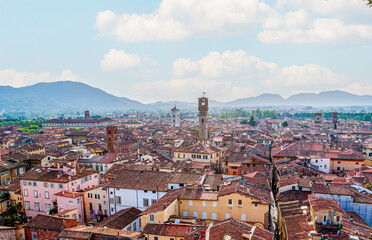 The Guinigi Tower overlooks a panorama of Lucca’s rooftops and church towers, Italy