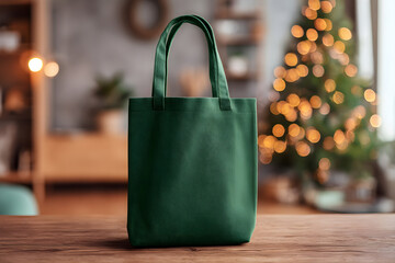 Dark green tote bag mockup with blurred Christmas tree in background