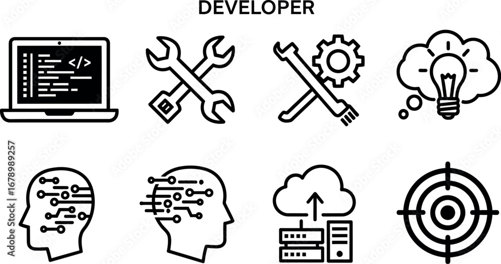 Poster developer technology icons set with laptop coding, tools, brain circuits, cloud upload, and target s