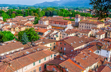 Medieval houses and Chiesa di Santa Maria Foris Portam with bell tower, Lucca, Italy