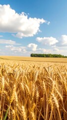 A vast expanse of golden wheat stalks stretches towards a vibrant summer sky filled with fluffy white clouds.