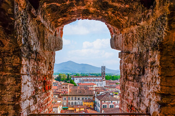 The view from the windows of medieval Torre Guinigi on Lucca's cityscape, Italy