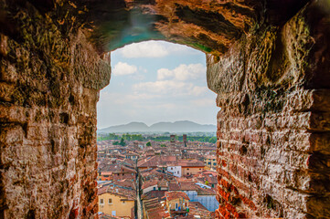 The view from the windows of medieval Torre Guinigi on Lucca's cityscape, Italy