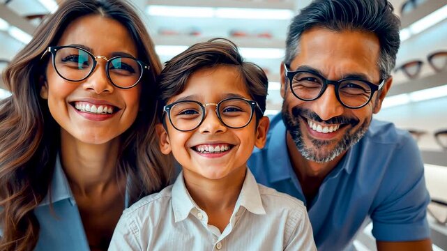 Happy family portrait of mother father and son wearing glasses smiling together indoors in bright natural light