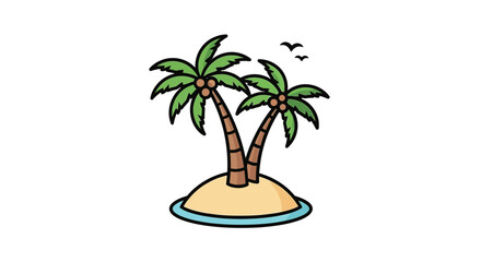 Cartoon island with two palm trees and flying birds