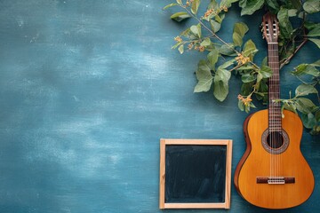 Acoustic guitar leaning against a slate chalkboard framed by green leaves on a blue surface