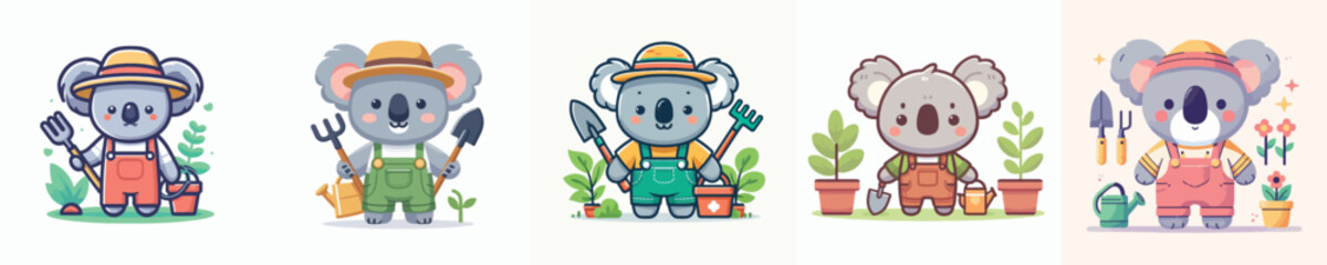 set of cute koala vectors gardening