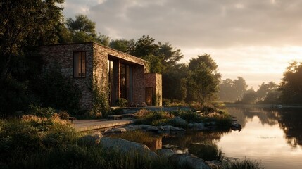 Modern suburban building by a lake