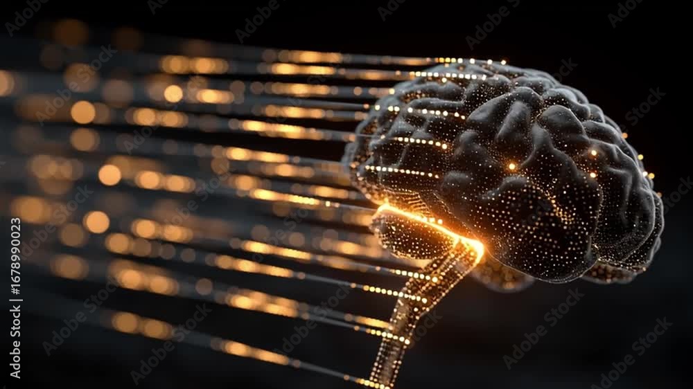 Poster the visualization showcases a brain composed of luminous neurochips, with flowing lines of code repr