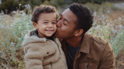 Fototapeta premium Loving father shares a joyful moment with his smiling toddler in a blooming meadow during golden hour