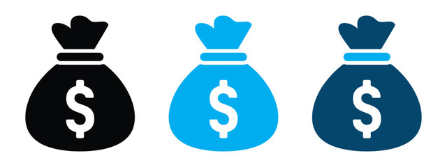 Three stylized money bags with dollar signs in black blue and dark blue isolated on transparent background