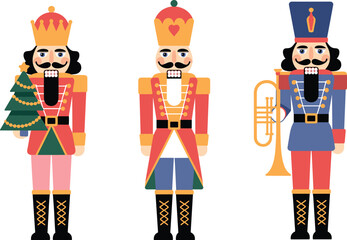 Nutcracker cartoon trio, festive holiday characters, Christmas decoration, ornate uniforms, colorful toy soldiers, cheerful illustration,element, traditional decor, winter celebration, joyful vibe