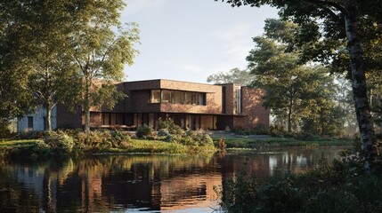 Obraz premium Modern suburban building by lake
