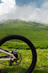 Close-up of mountain bike brake disc part. Technical expertise of bike shop service in the open...