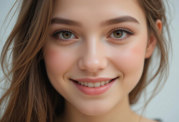 Naklejka premium A closeup portrait of a young woman with long brown hair, warm brown eyes, and a gentle, radiant smile, 8k resolution, trending on artstation, highly detailed, photorealistic 