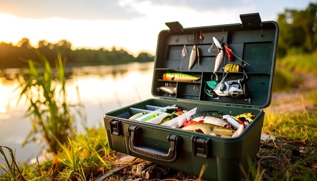 Open tackle box filled with fishing lures and gear placed by a riverbank at sunset, ready for a peaceful fishing trip in nature