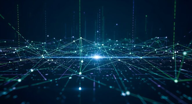 Abstract digital network visualization with glowing nodes and connecting lines, futuristic concept.