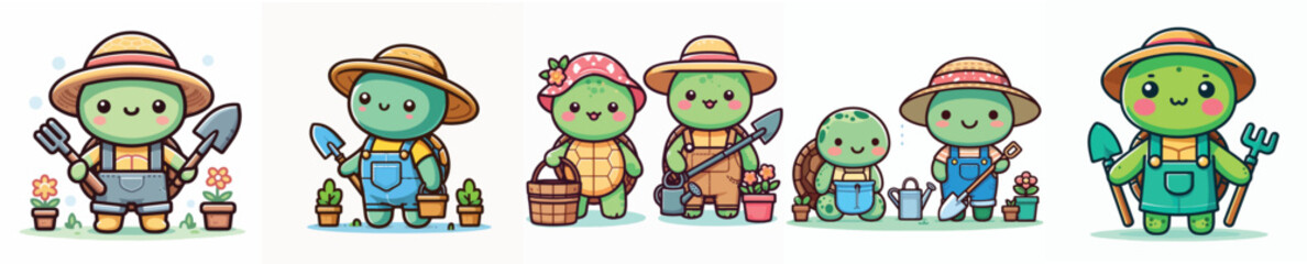 set of cute turtle vectors gardening
